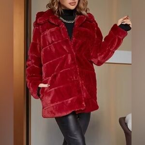 NWOT Elegant Red Faux Fur Coat